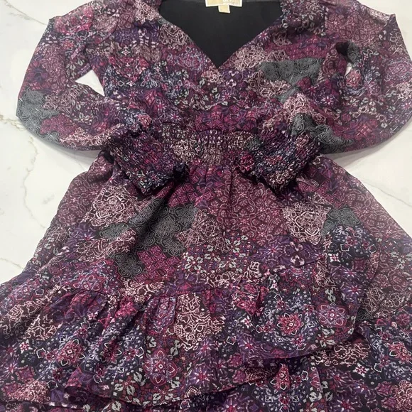 MICHAEL Michael Kors patchwork Georgette smock-waist Floral Long Sleeve Dress - Picture 5 of 14